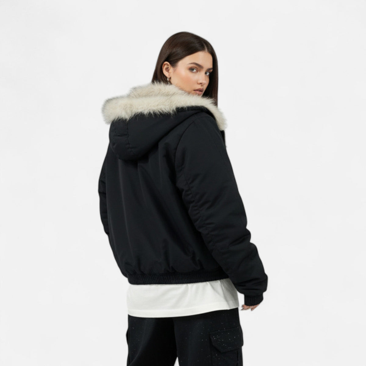 Women's Hooded Faux Fur Collar Winter Coat – image 3