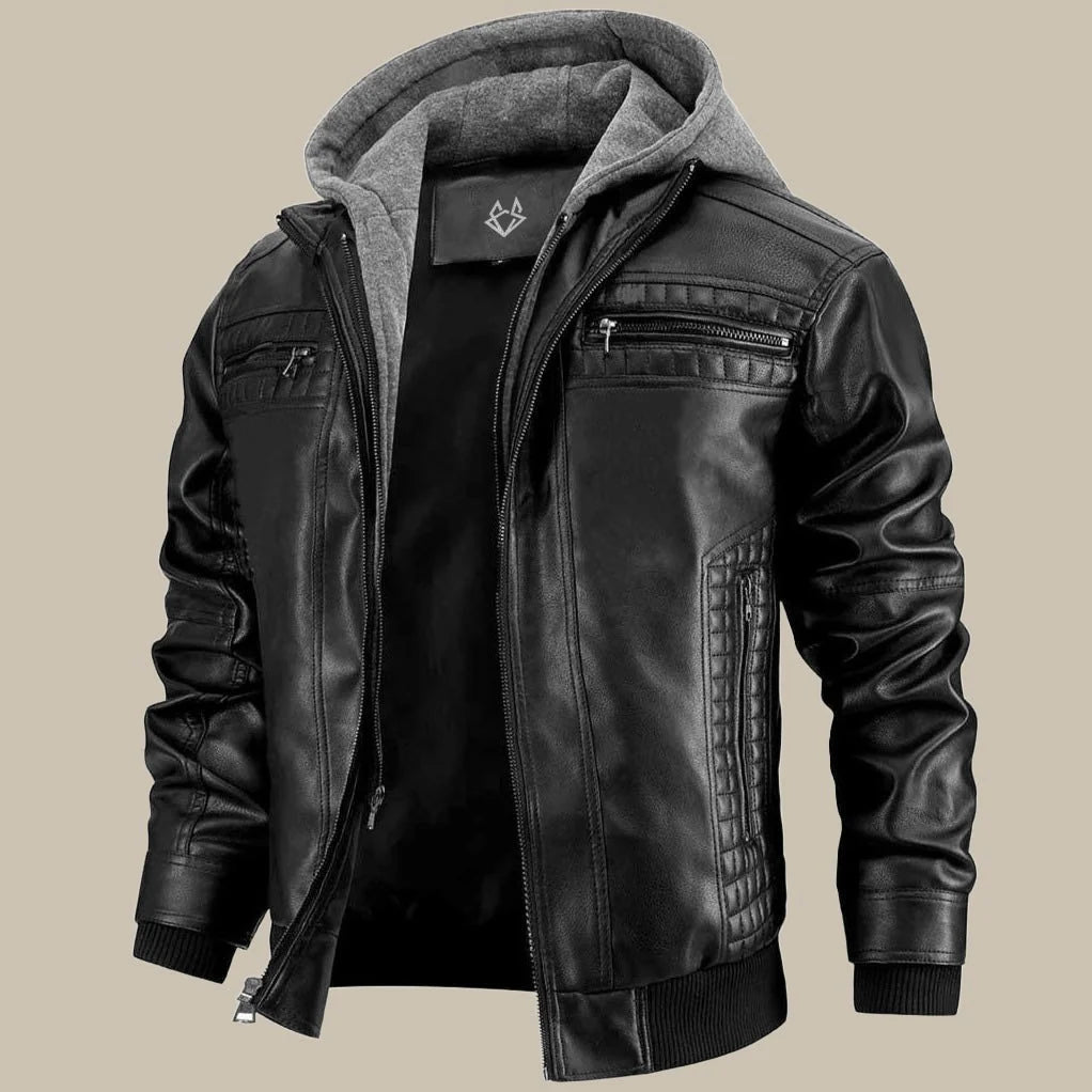Men's Hooded Faux Leather Bomber Jacket – Zip Pockets