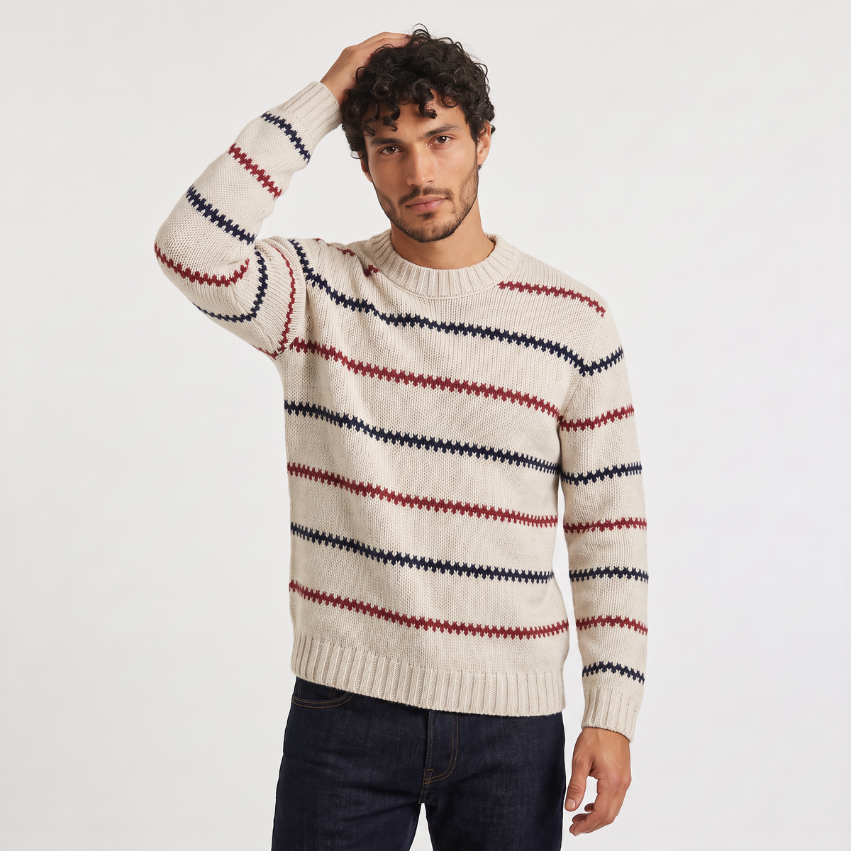 Men's Textured Striped Crew Neck Jumper in White