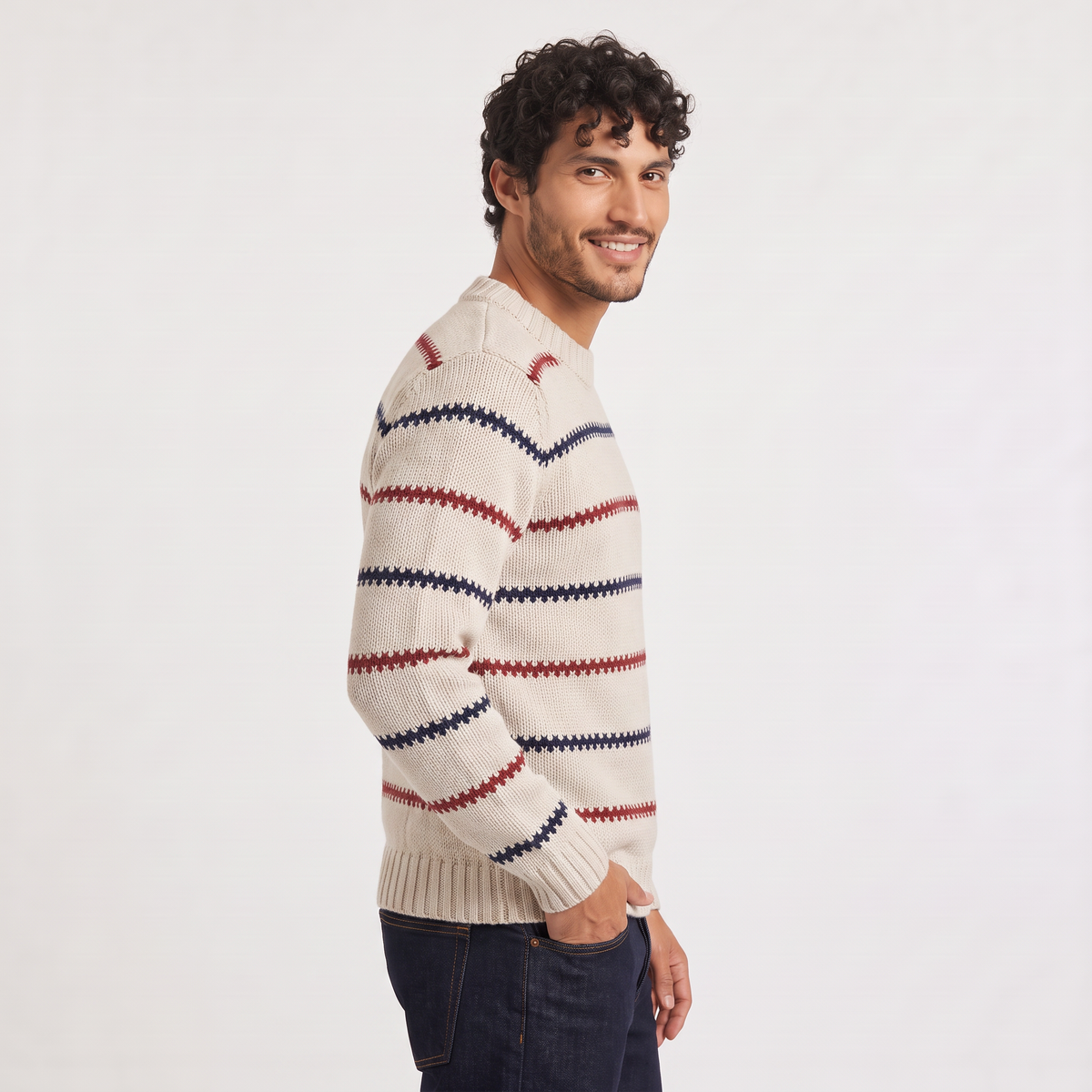 Men's Textured Striped Crew Neck Jumper in White – view 4
