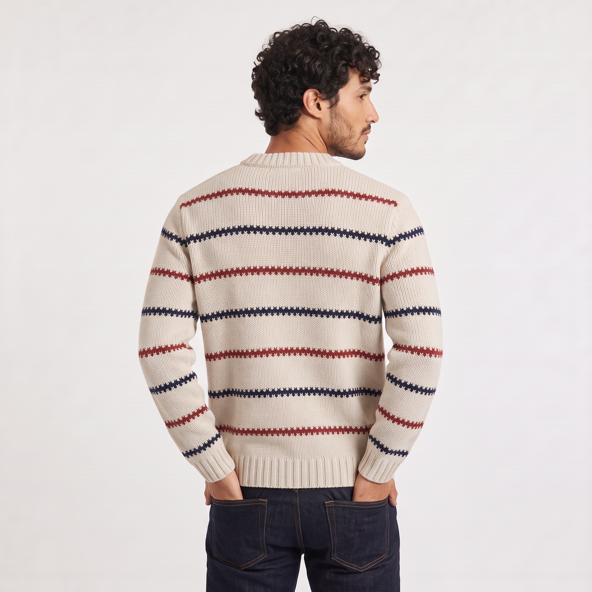 Men's Textured Striped Crew Neck Jumper in White – view 5