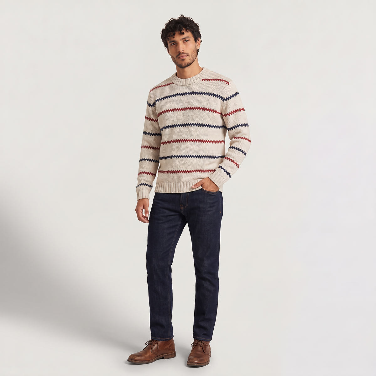 Men's Textured Striped Crew Neck Jumper in White – view 3