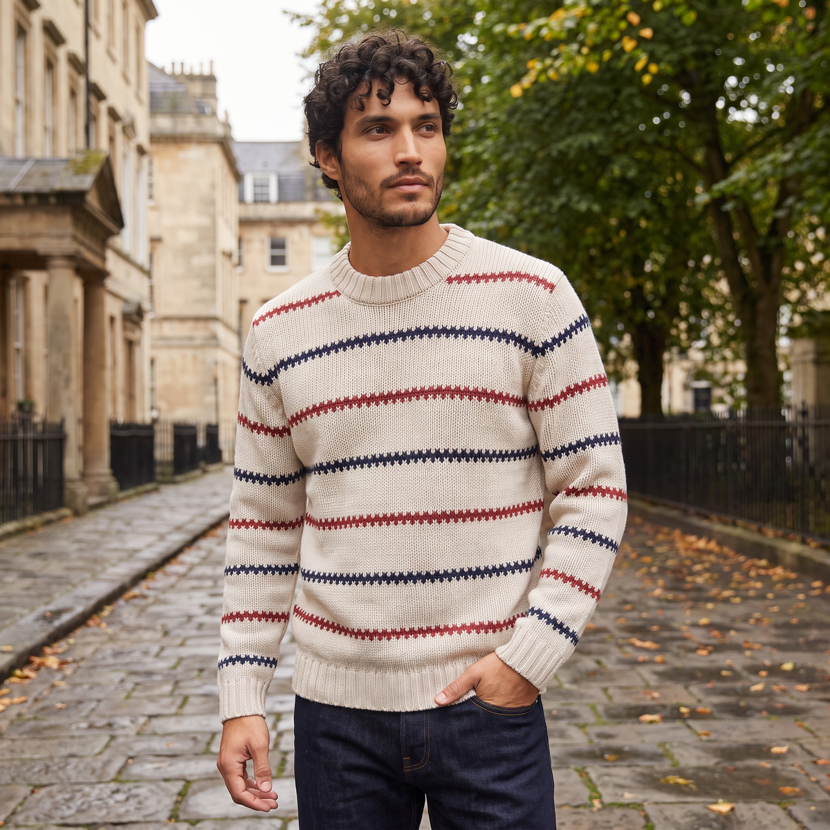 Men's Textured Striped Crew Neck Jumper in White – alternate view