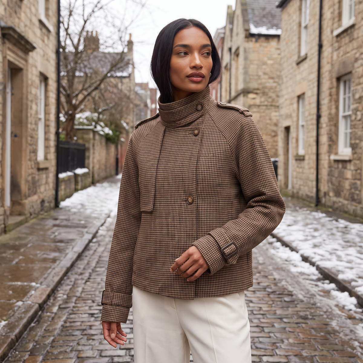 Women's Cropped Check Funnel Neck Jacket – image 2