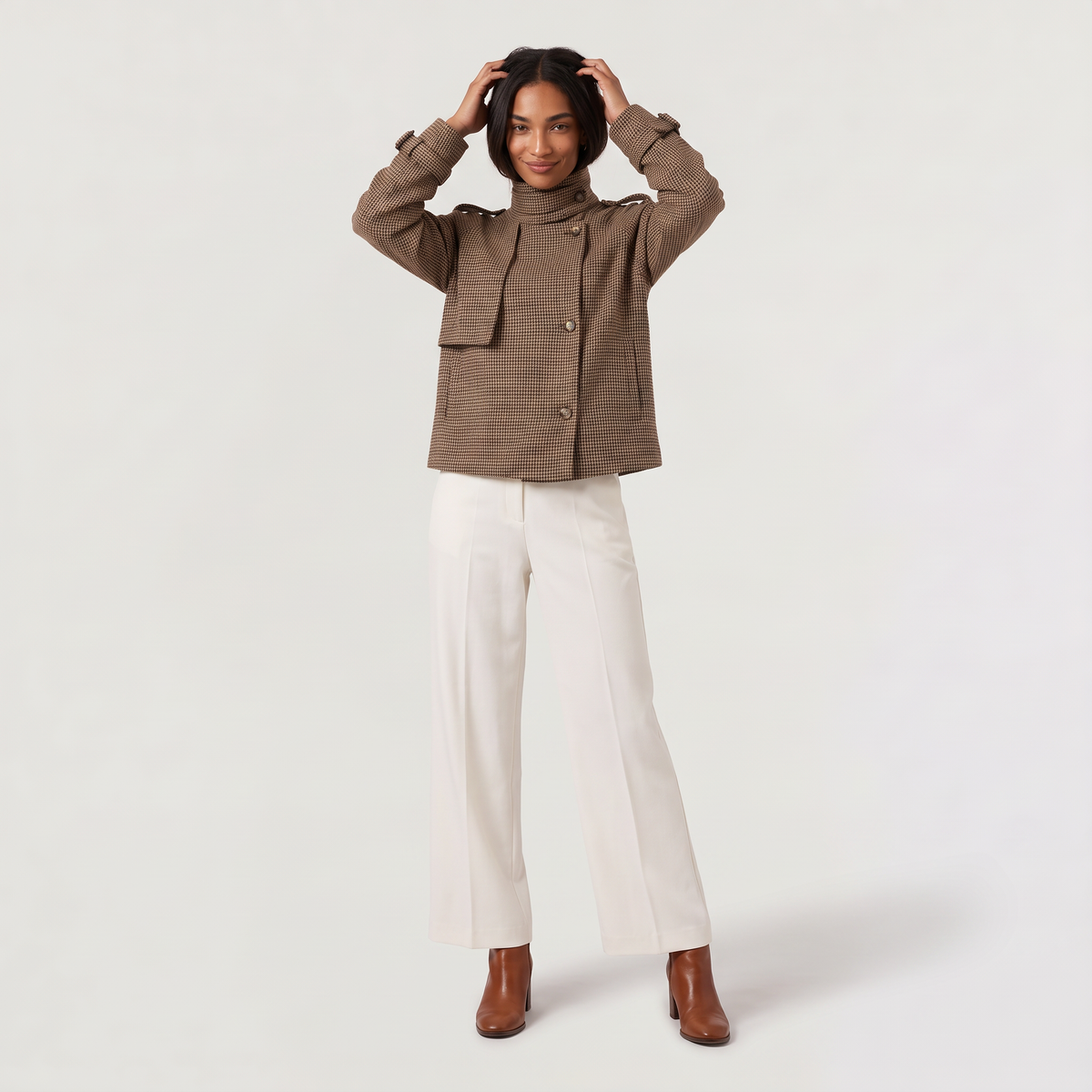Women's Cropped Check Funnel Neck Jacket – image 3
