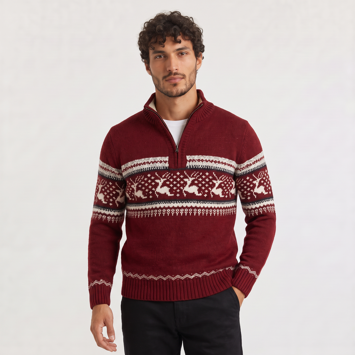 Men's Half Zip Fair Isle Jumper in Red