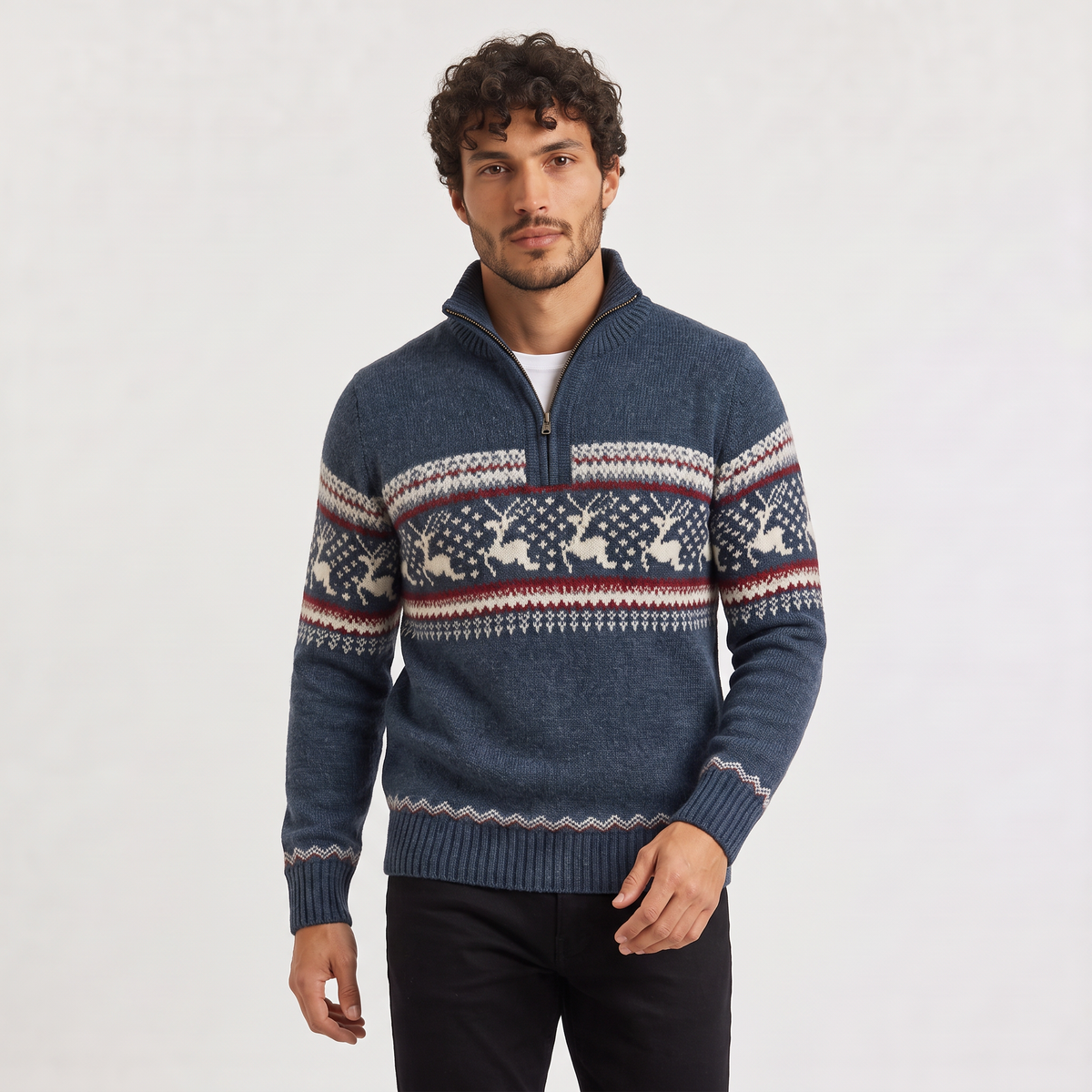 Men's Half Zip Fair Isle Jumper in Blue