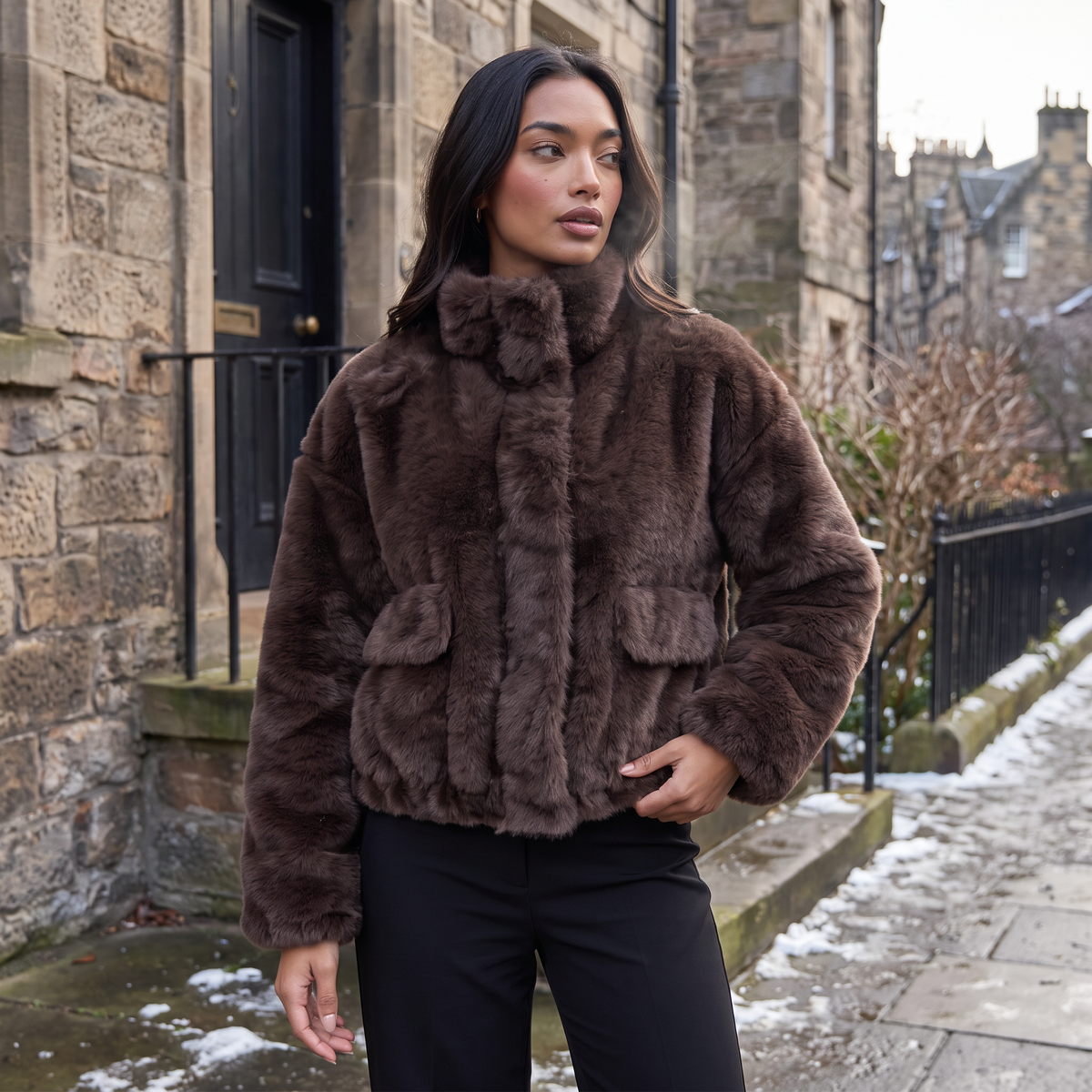 Women's Brown Faux Fur Bomber Jacket – image 2