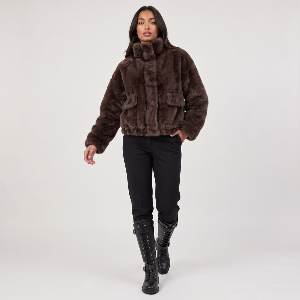 Women's Brown Faux Fur Bomber Jacket – image 3