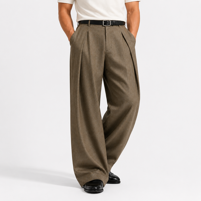 Men's Wide Leg Pleated Trousers in Taupe