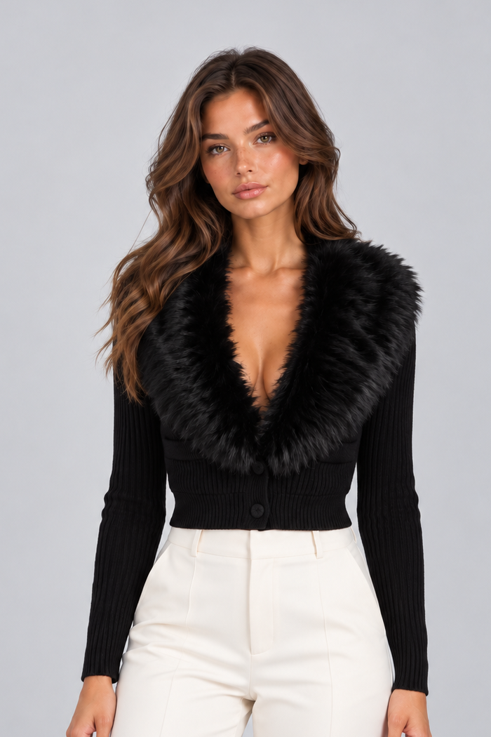 Women's Faux Fur Collar Cardigan – Cropped Ribbed Knit