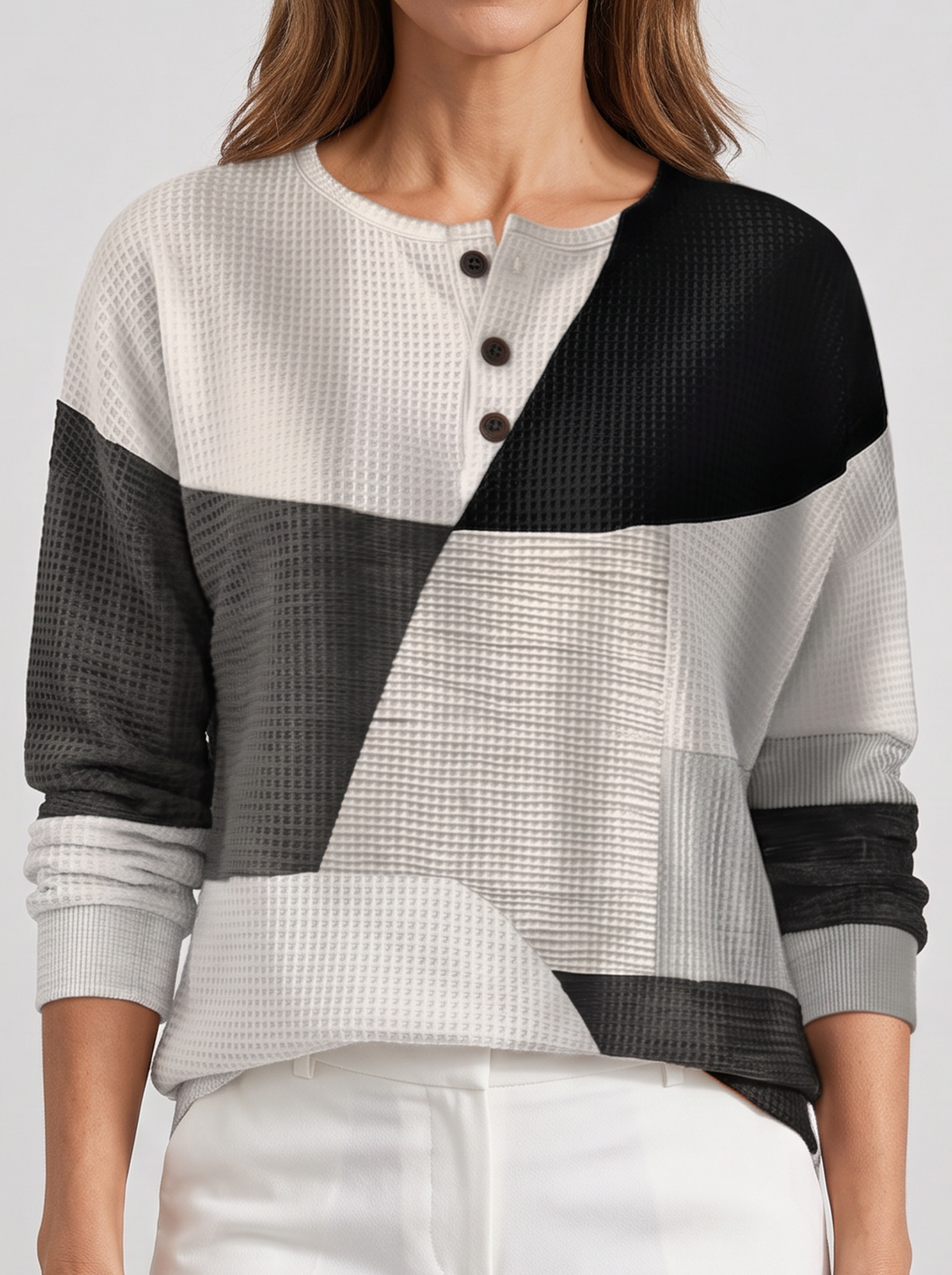 Women's Waffle Knit Henley Jumper – Relaxed Long Sleeve