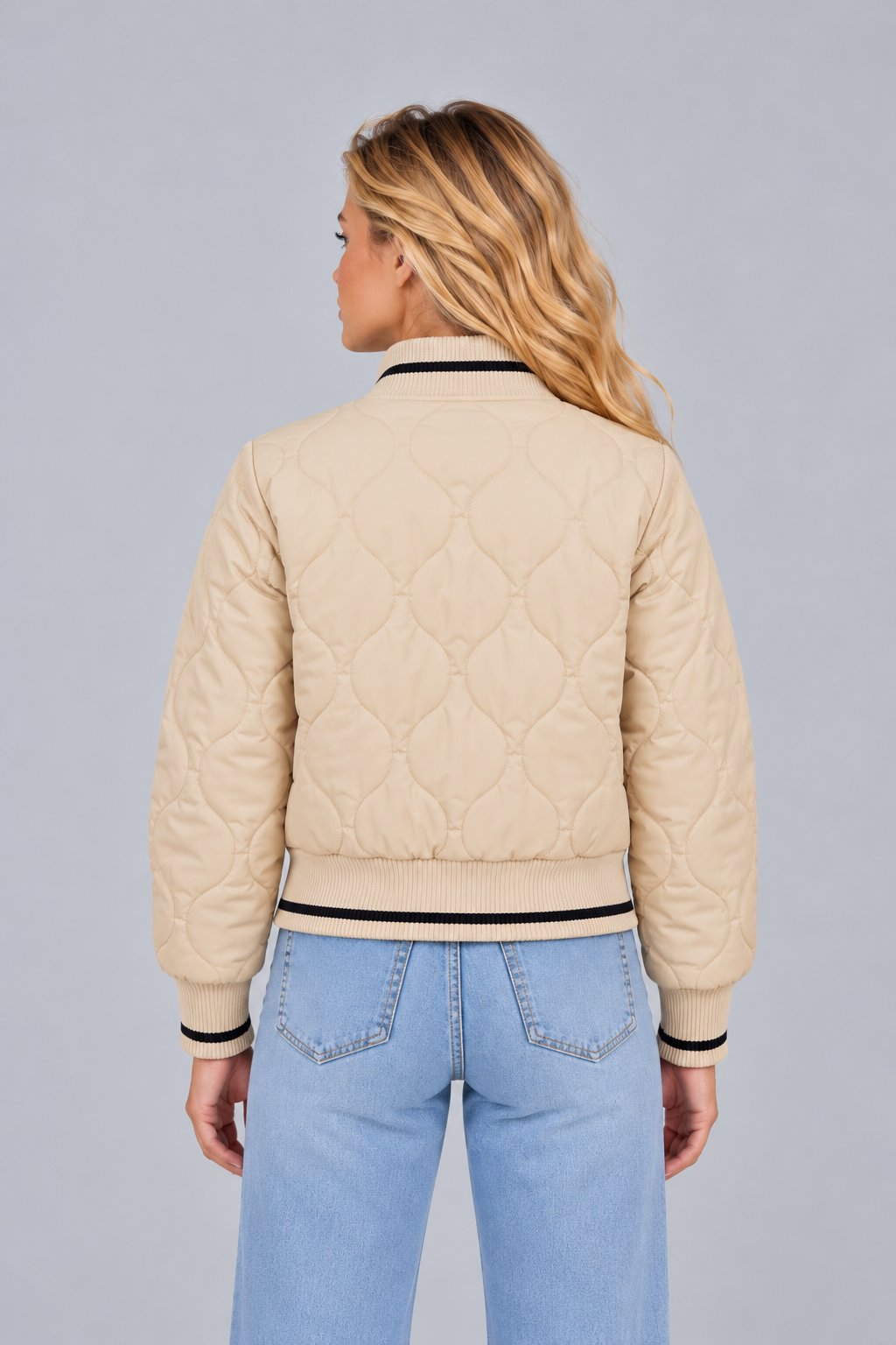 Women's Quilted Bomber Jacket – Ribbed Collar Zip Up