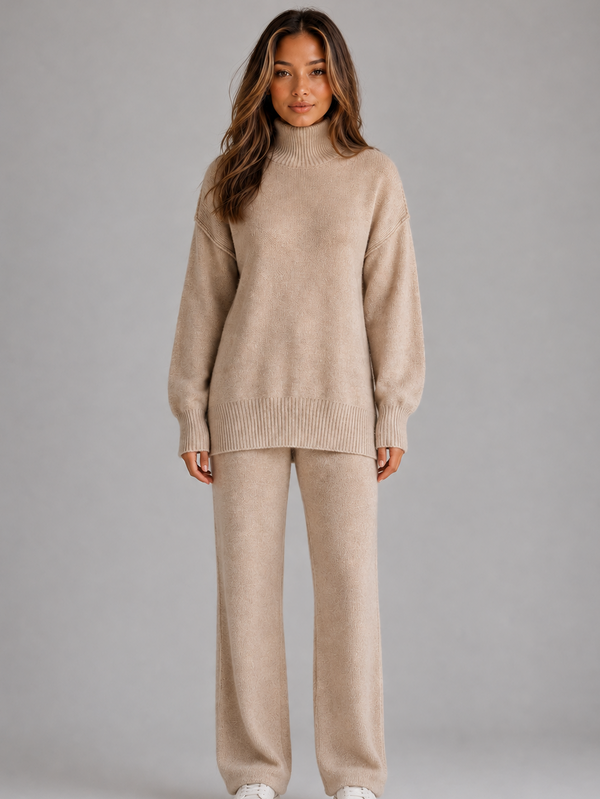 Women's Roll Neck Knitted Lounge Set in Beige