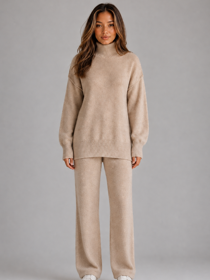Women's Roll Neck Knitted Lounge Set in Beige