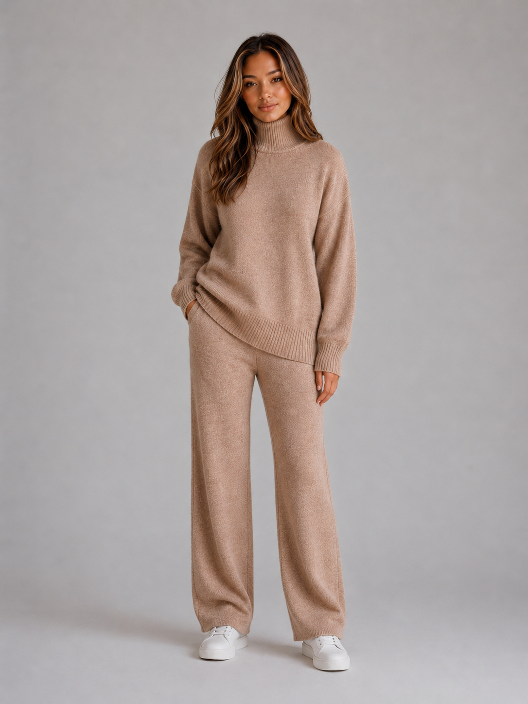 Women's Roll Neck Knitted Lounge Set in Khaki