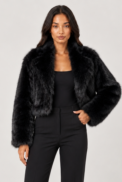 Women's Cropped Faux Fur Jacket – Shawl Collar Evening Coat
