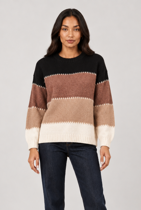 Women's Colour Block Knit Jumper – Relaxed Crew Neck