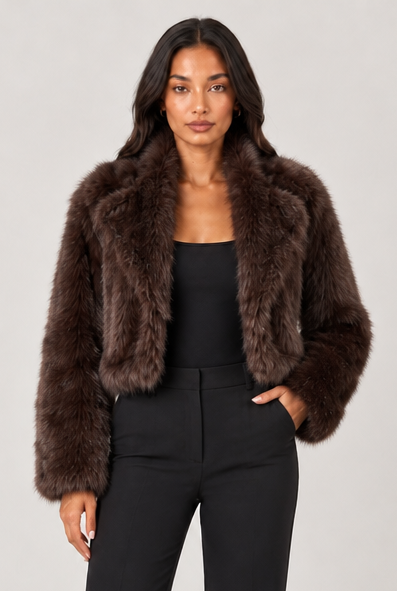 Women's Cropped Faux Fur Jacket – Shawl Collar Evening Coat