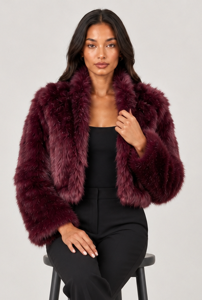 Women's Cropped Faux Fur Jacket – Shawl Collar Evening Coat