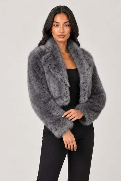Women's Cropped Faux Fur Jacket – Shawl Collar Evening Coat