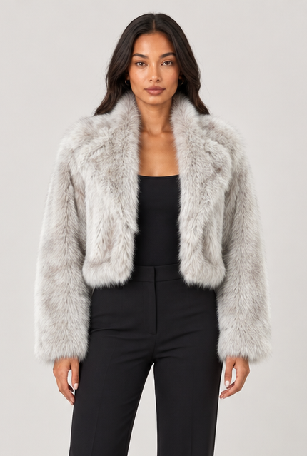 Women's Cropped Faux Fur Jacket – Shawl Collar Evening Coat