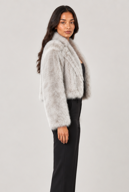 Women's Cropped Faux Fur Jacket – Shawl Collar Evening Coat