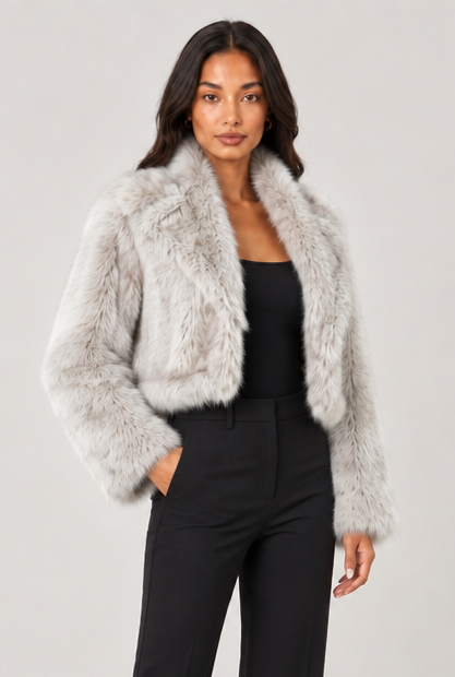 Women's Cropped Faux Fur Jacket – Shawl Collar Evening Coat