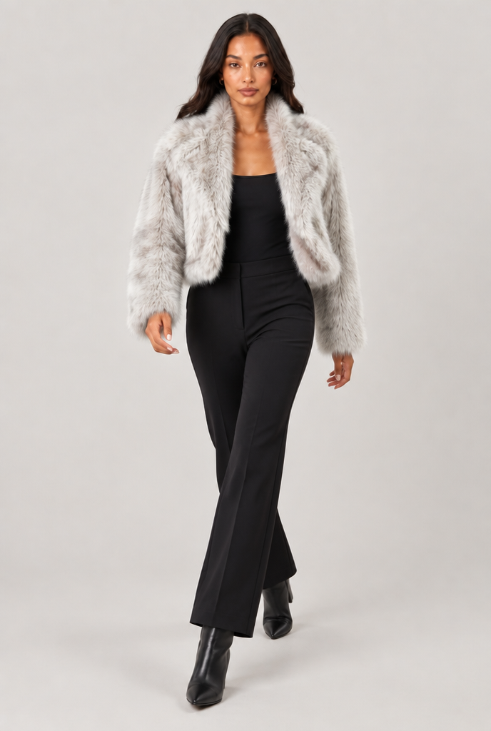Women's Cropped Faux Fur Jacket – Shawl Collar Evening Coat