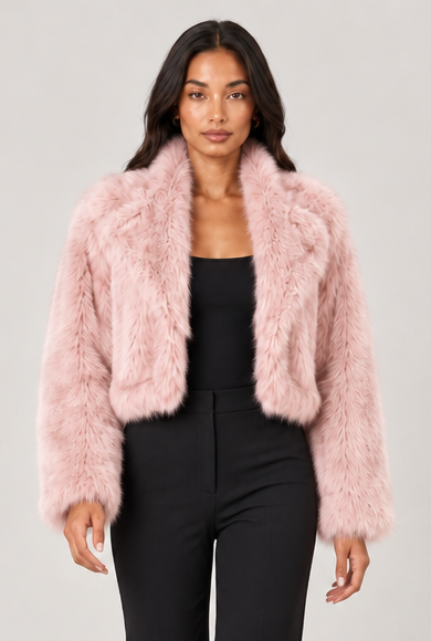 Women's Cropped Faux Fur Jacket – Shawl Collar Evening Coat