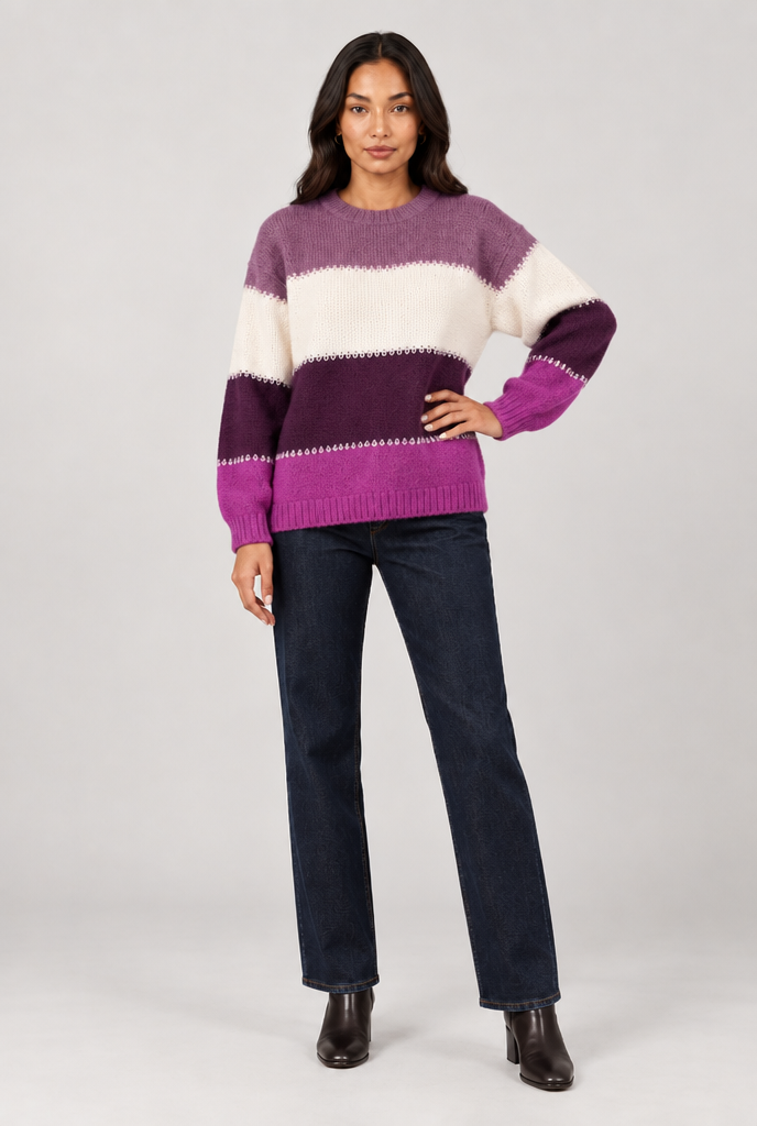 Women's Colour Block Knit Jumper – Relaxed Crew Neck