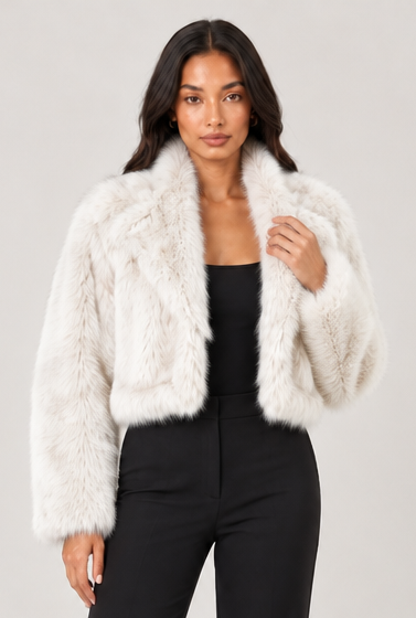 Women's Cropped Faux Fur Jacket – Shawl Collar Evening Coat