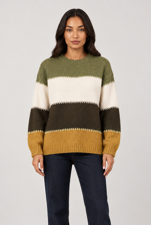 Women's Colour Block Knit Jumper – Relaxed Crew Neck
