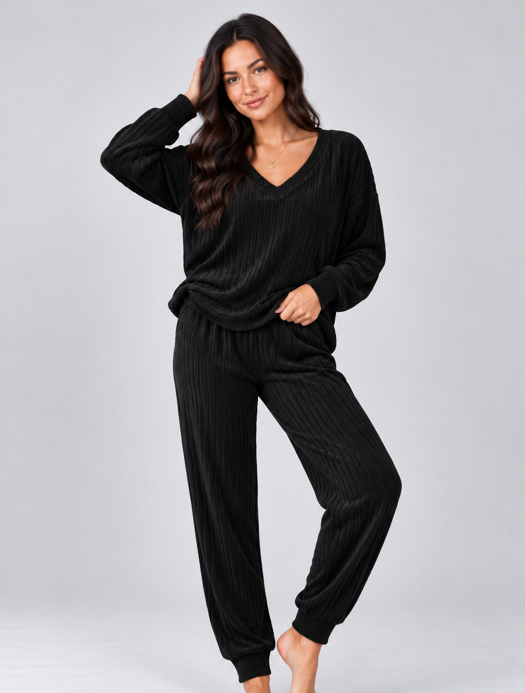 Women's Knitted Lounge Co Ord – V Neck Top and Trousers