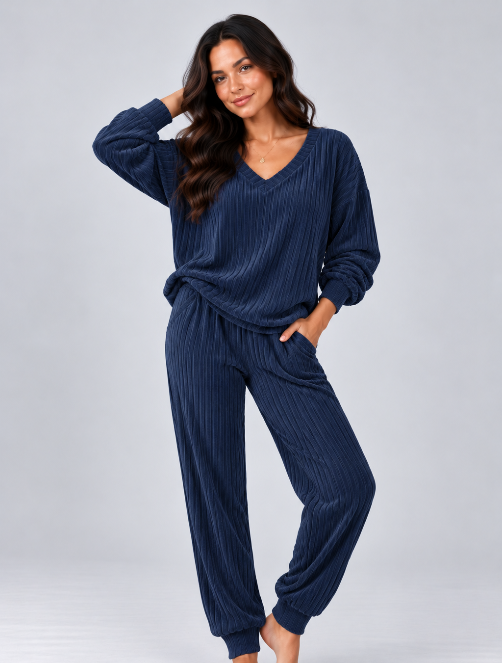 Women's Knitted Lounge Co Ord – V Neck Top and Trousers