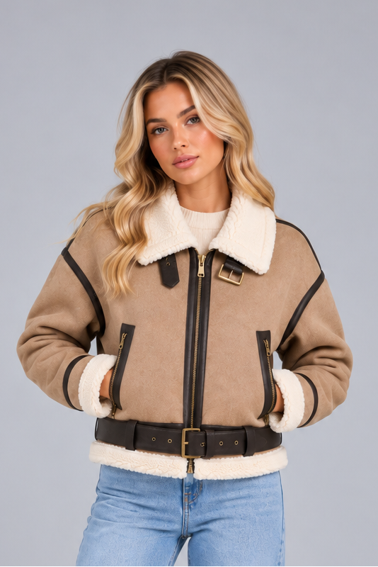 Women's Cropped Aviator Jacket – Teddy Lined Faux Suede