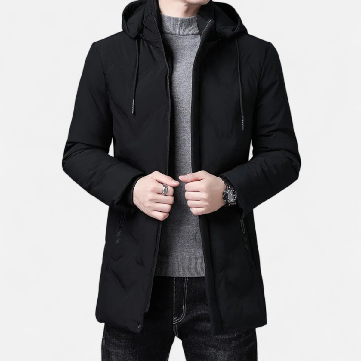Men's Long Hooded Parka Coat in Black