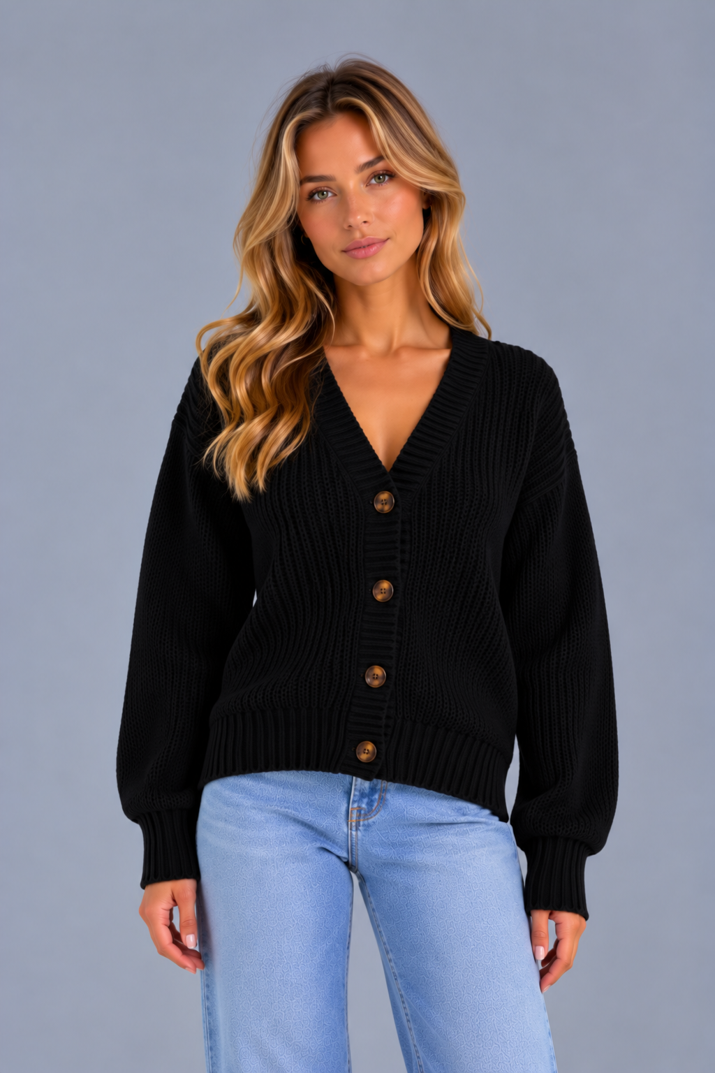 Women's Chunky Ribbed Cardigan – V Neck Button Front