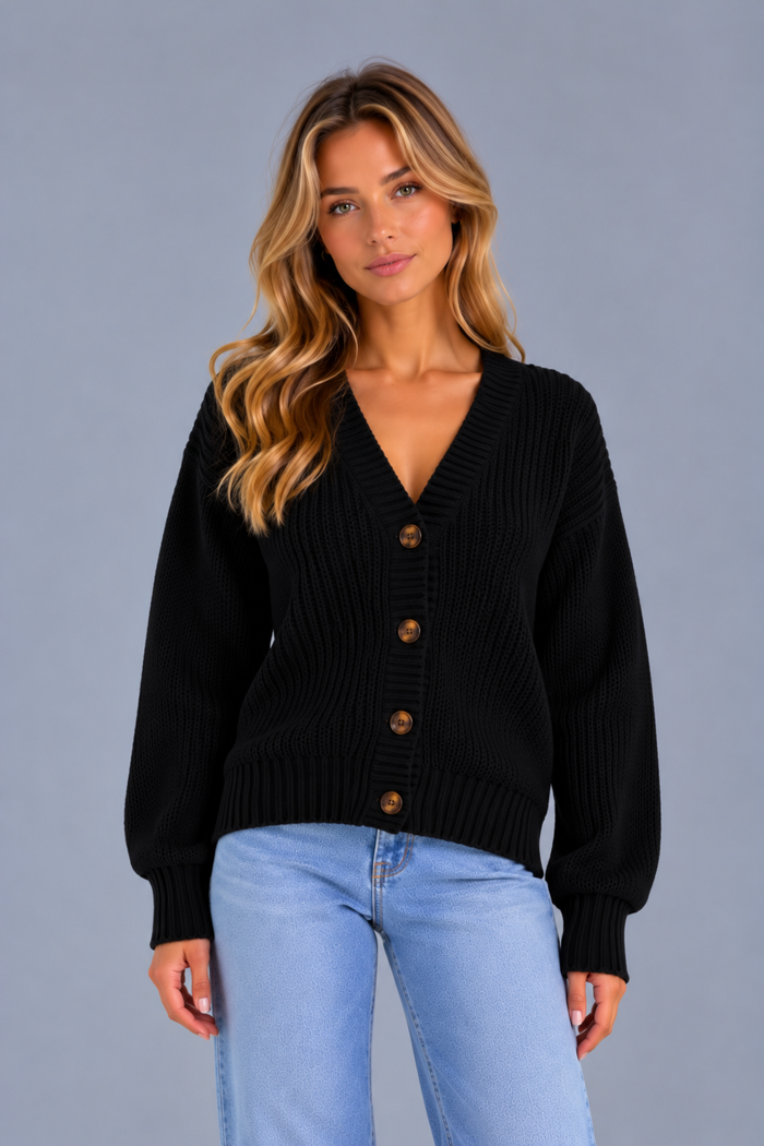Women's Chunky Ribbed Cardigan – V Neck Button Front