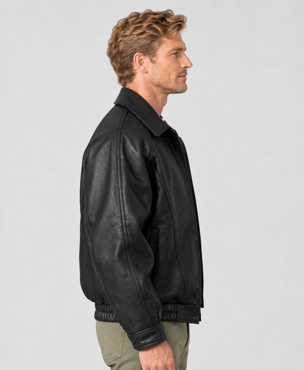 Men's Leather-Look Flight Jacket – Black Collared Bomber
