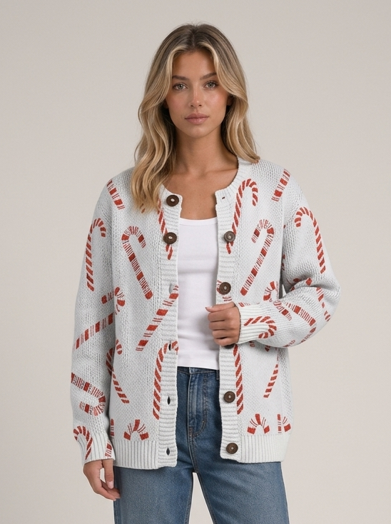 Women's Candy Cane Christmas Cardigan – Festive Buttoned Knit Sweater – Covert Club product image 1
