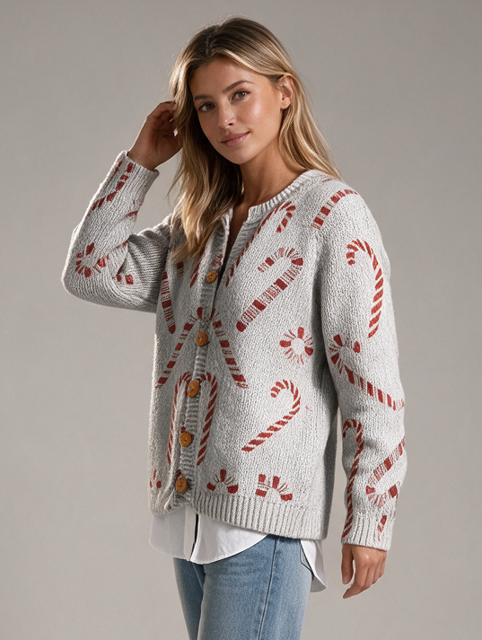 Women's Candy Cane Christmas Cardigan – Festive Buttoned Knit Sweater – Covert Club product image 2