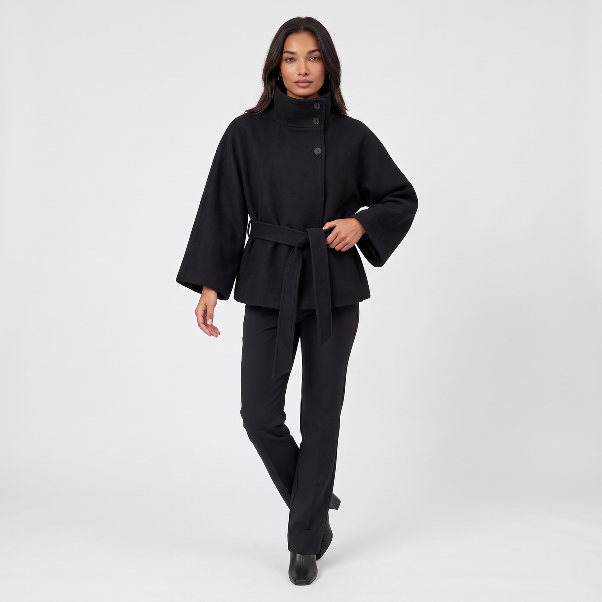 Women's Short Belted Cape Coat in Black