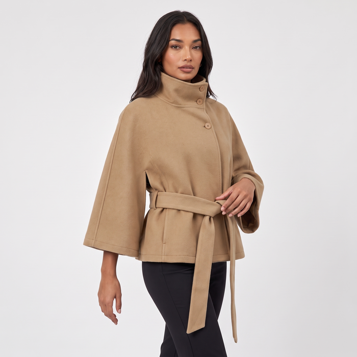 Women's Short Belted Cape Coat in Khaki