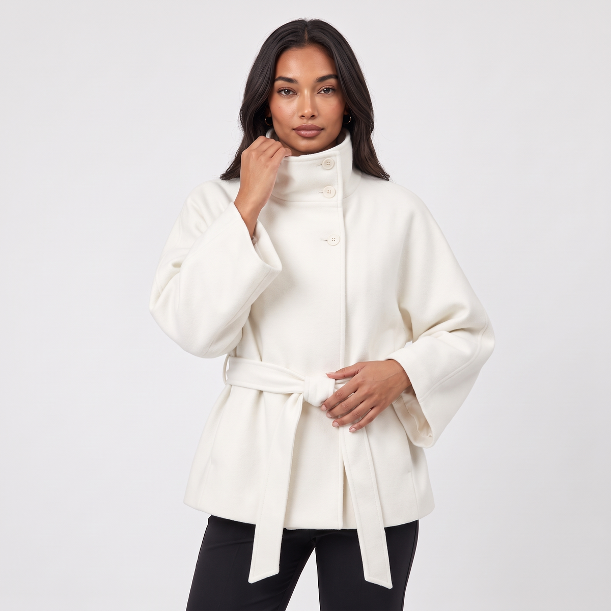 Women's Short Belted Cape Coat in White