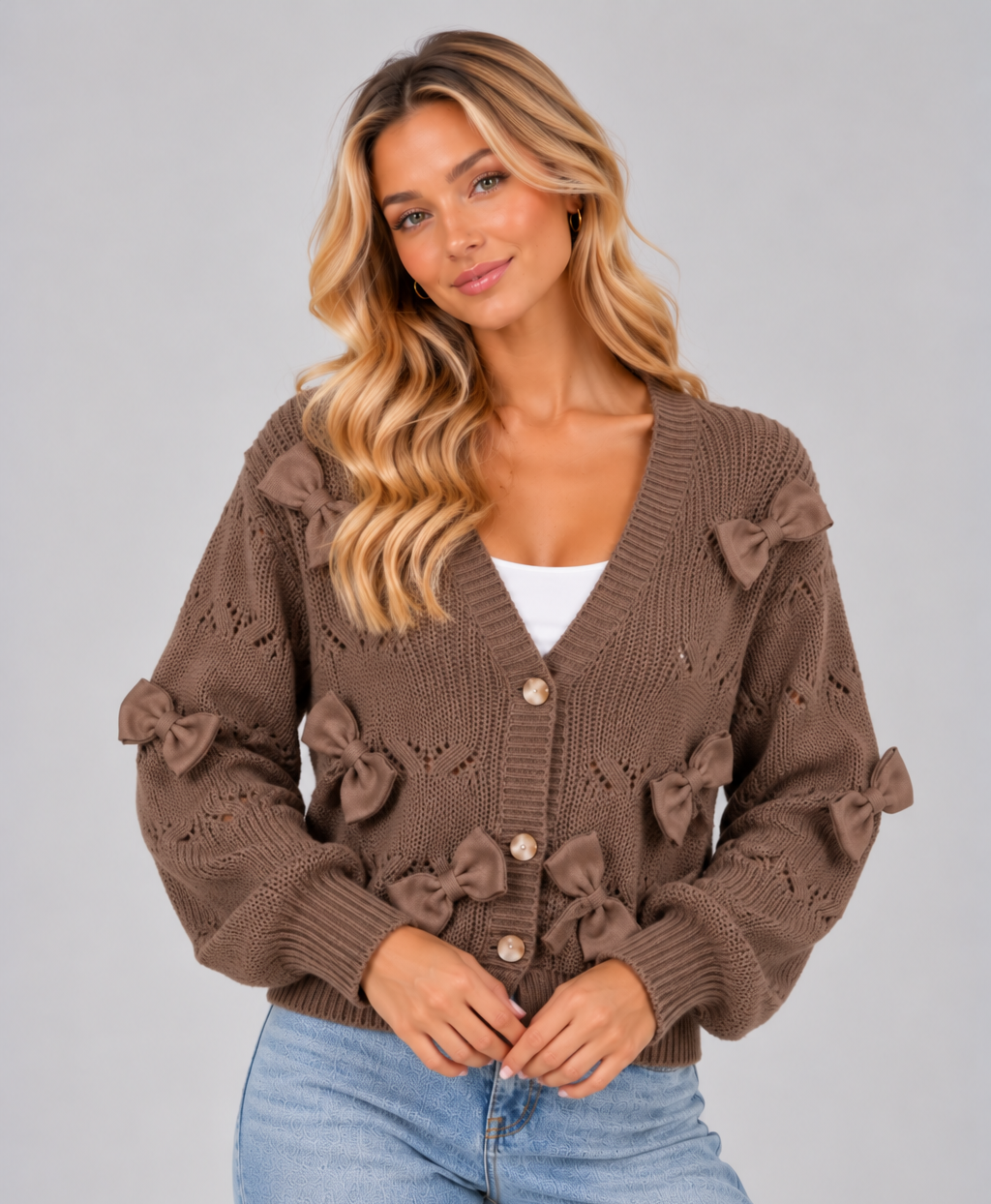 Women's Bow Detail Cropped Cardigan – Textured V Neck