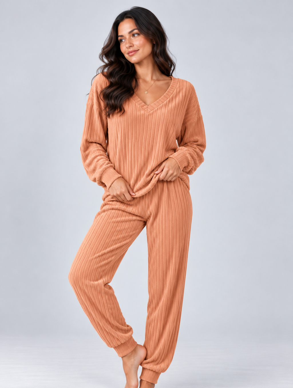 Women's Knitted Lounge Co Ord – V Neck Top and Trousers