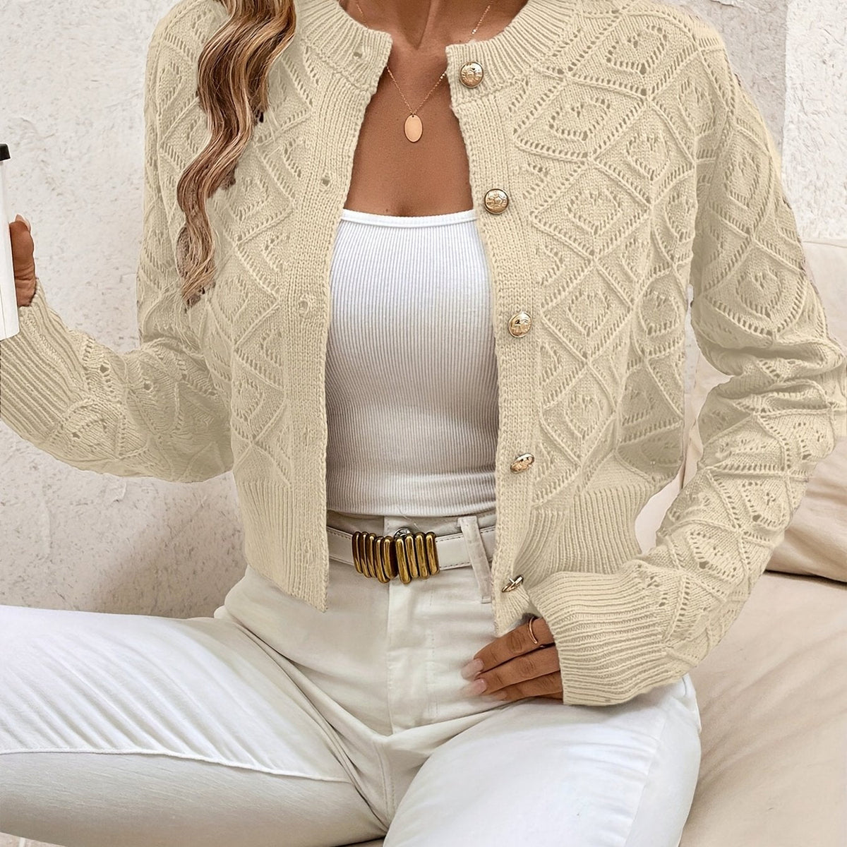 Women's Textured V-Neck Cardigan in Khaki
