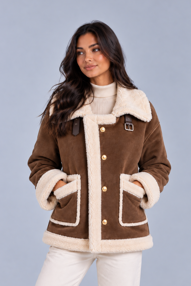 Women's Faux Shearling Aviator Jacket – Suede Look