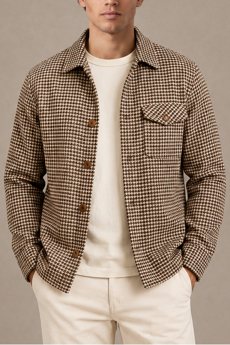 Men's Houndstooth Shirt Jacket – Button-Up Check Overshirt in Black